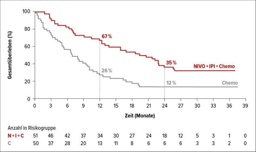 Gesamtüberleben von Patienten mit Hirnmetastasen zu Studienbeginn unter Nivolumab plus Ipilimumab plus Chemotherapie vs. alleinige Chemotherapie
